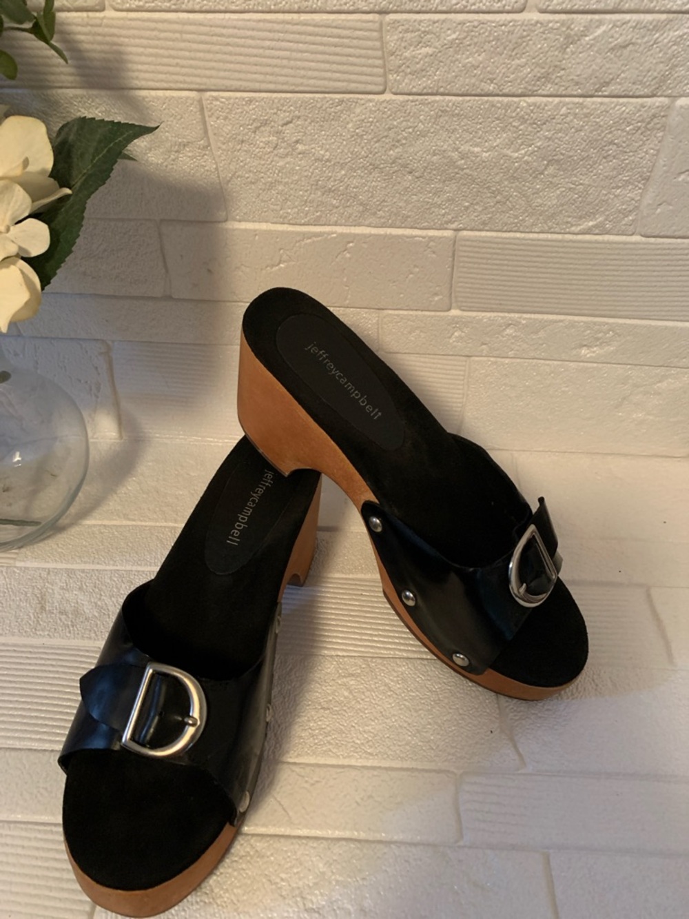 Jeffrey Campbell Black Leather Buckle Clog Mules with Tan Platform